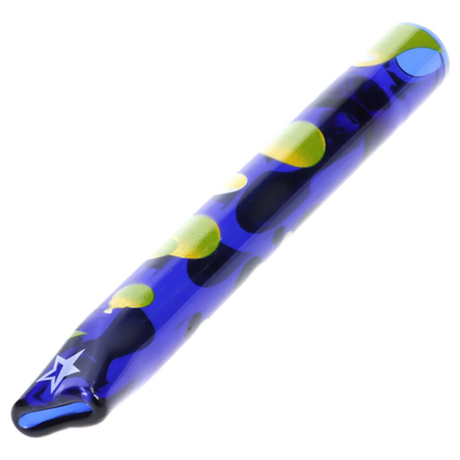 Angled close-up of the dark blue Famous Design Privilege Chillum - Dark Blue - 4in. showing green circular spots and a white star near the tapered tip