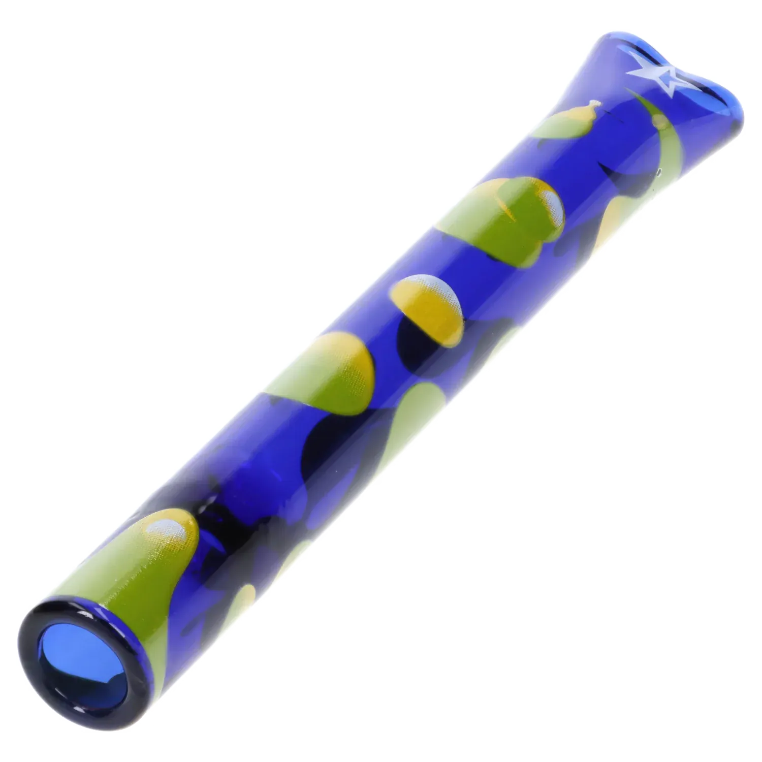 Angled close-up of the dark blue Famous Design Privilege Chillum - Dark Blue - 4in. decorated with green and yellow teardrop shapes on a white background
