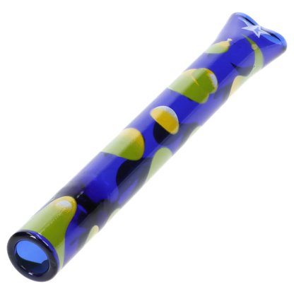 Angled close-up of the dark blue Famous Design Privilege Chillum - Dark Blue - 4in. decorated with green and yellow teardrop shapes on a white background