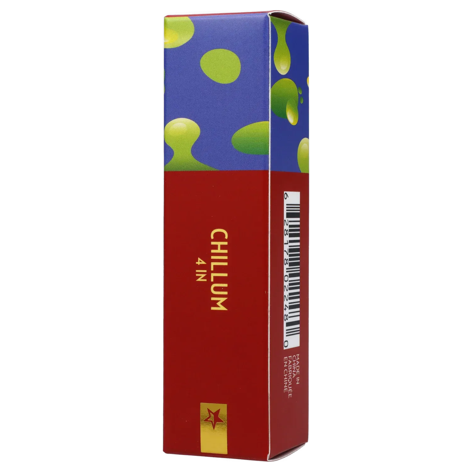 Tall vertical product box photographed from a slight right-front angle showing colorful blue and green bubble graphics above a red panel with gold text reading Famous Design Privilege Chillum - Dark Blue - 4in.