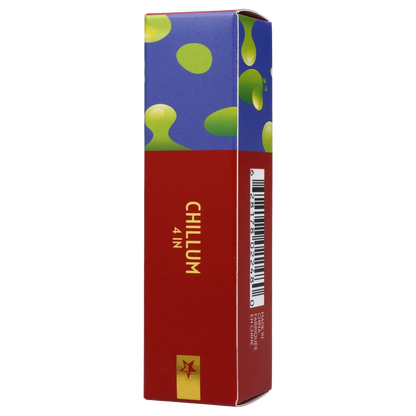 Tall vertical product box photographed from a slight right-front angle showing colorful blue and green bubble graphics above a red panel with gold text reading Famous Design Privilege Chillum - Dark Blue - 4in.
