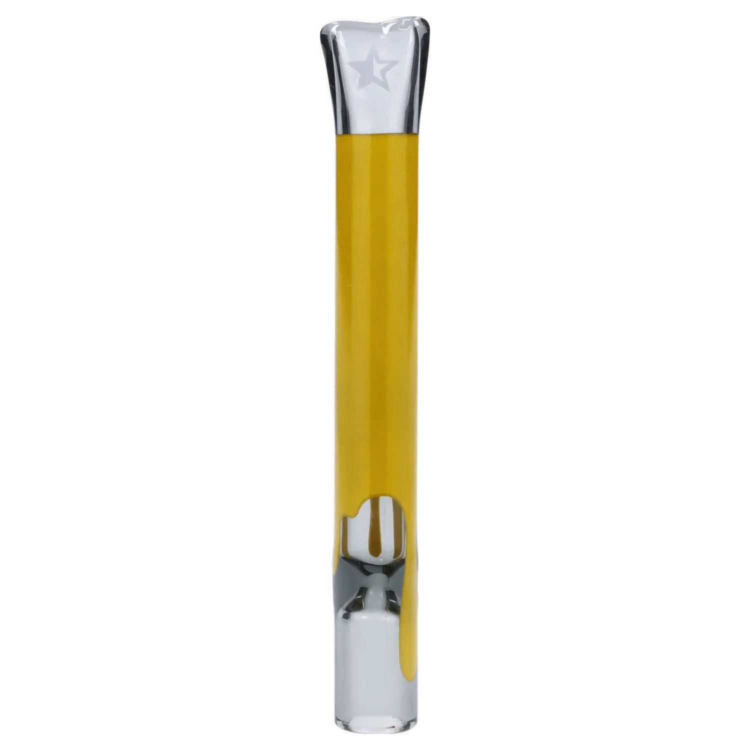 Vertical close-up of the transparent black Famous Design Surrender Chillum - Transparent Black - 4in. showing a yellow interior stripe and a star etched near the mouthpiece