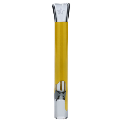 Vertical close-up of the transparent black Famous Design Surrender Chillum - Transparent Black - 4in. showing a yellow interior stripe and a star etched near the mouthpiece