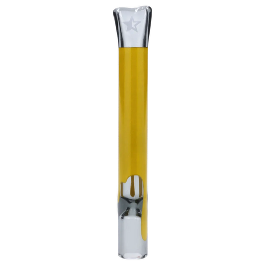 Vertical close-up of the transparent black Famous Design Surrender Chillum - Transparent Black - 4in. showing a yellow interior stripe and a star etched near the mouthpiece