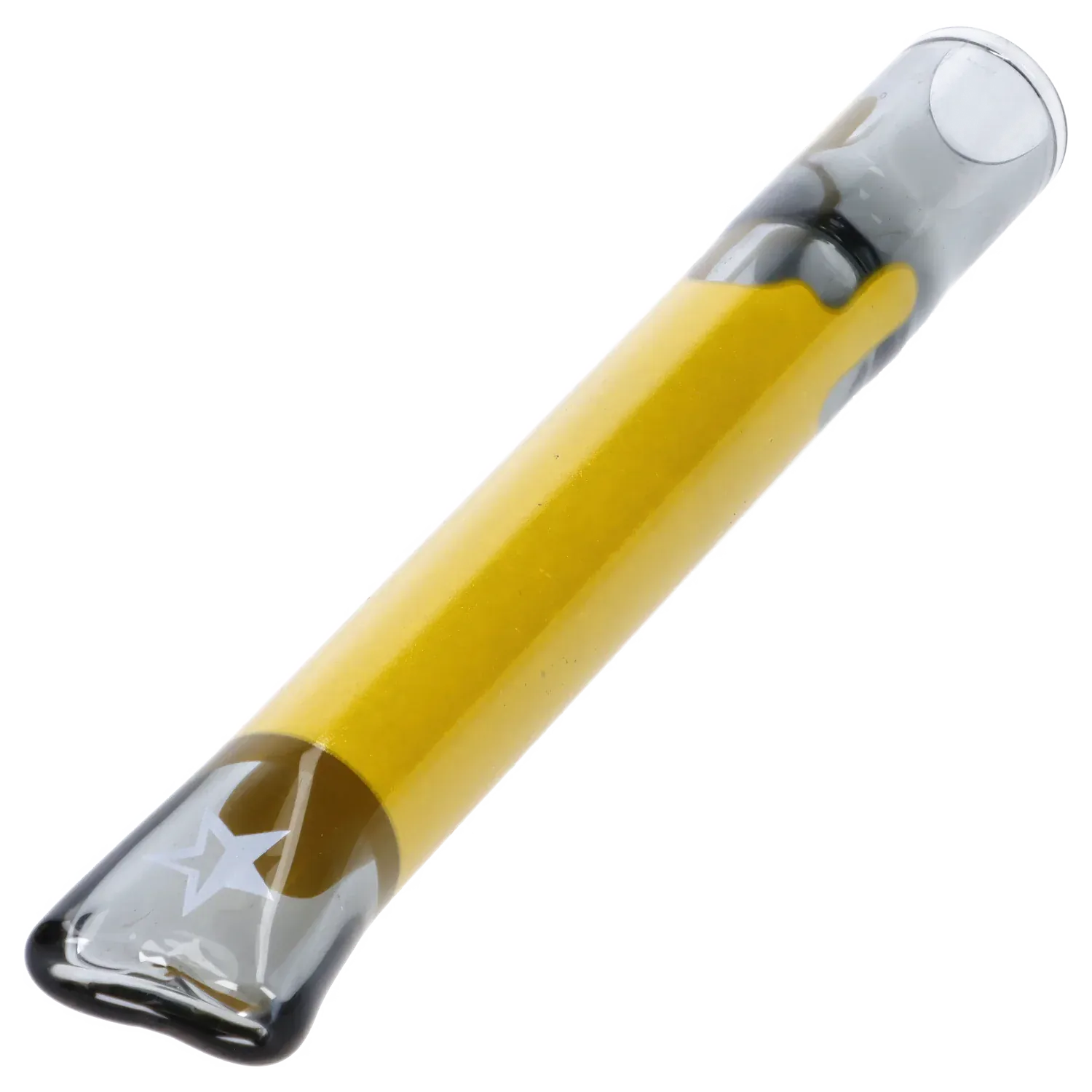 Angled close-up of the Famous Design Surrender Chillum - Transparent Black - 4in. showing its glossy black tip and yellow shaft against a white background
