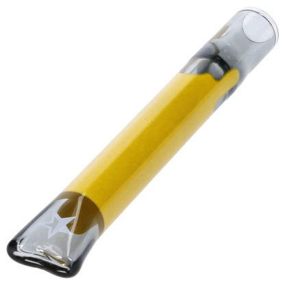 Angled close-up of the Famous Design Surrender Chillum - Transparent Black - 4in. showing its glossy black tip and yellow shaft against a white background