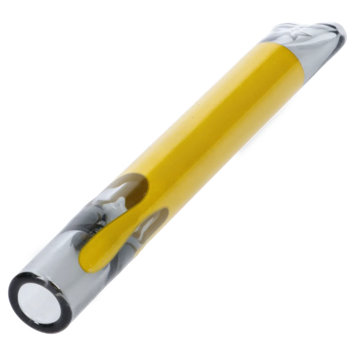 Angled close-up of the Famous Design Surrender Chillum - Transparent Black - 4in., showing its transparent black glass with a yellow inner rod and rounded mouthpiece.
