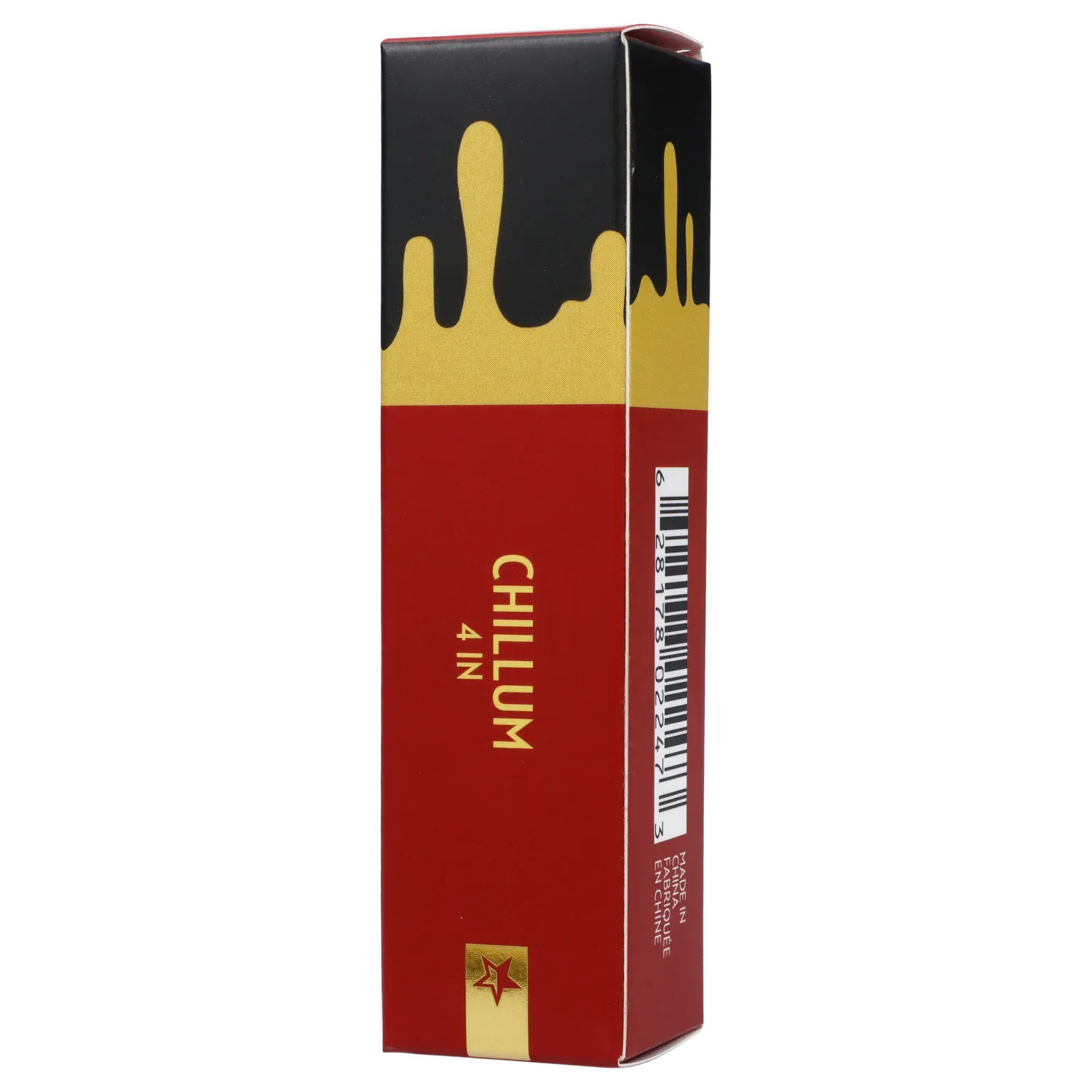 Tall vertical product box photographed from the side showing the Famous Design Surrender Chillum - Transparent Black - 4in. branding on red packaging with gold drip graphics.