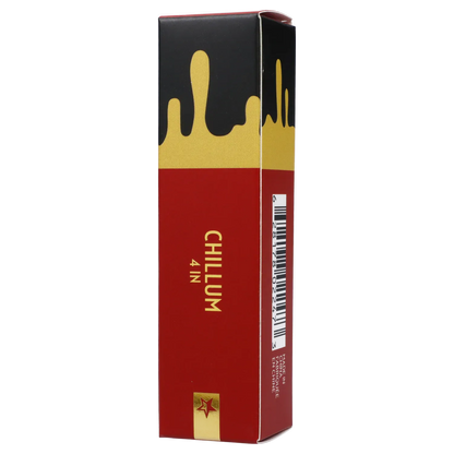 Tall vertical product box photographed from the side showing the Famous Design Surrender Chillum - Transparent Black - 4in. branding on red packaging with gold drip graphics.