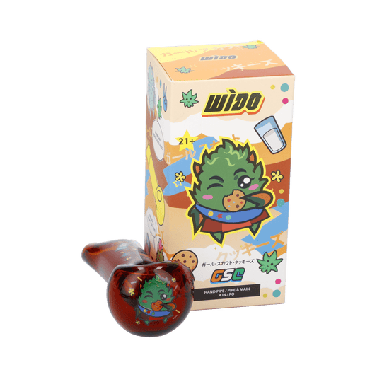 A front view of the Wido GSC Spoon Pipe in transparent amber, showing a colorful cartoon design on its side.