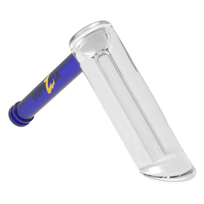 A three-quarter view of the 5-inch Dopezilla Phoenix Bubbler in dark blue, showing its sleek, curved glass design.