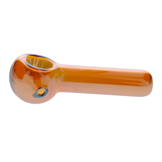 A side view of the 3-inch Famous Design Lava Fumed Spoon Pipe in orange, showing its curved shape and glass finish.