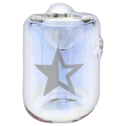 A side view of the 4-inch Famous Design Crystal Fumed Hammer Pipe in clear glass, highlighting its curved shape.