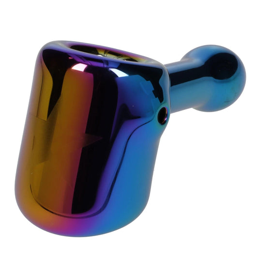 A three-quarter view of the 5-inch Famous Design Prism Fumed Hammer Pipe, showcasing its rainbow-colored glass finish.