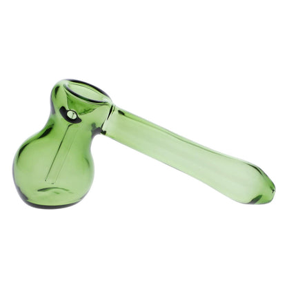 A side view of the 5-inch Valiant Hammer Bubbler in green glass, showcasing its curved design.