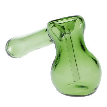 A front view of the 5-inch Valiant Hammer Bubbler in green glass, showcasing its curved design and smooth finish.