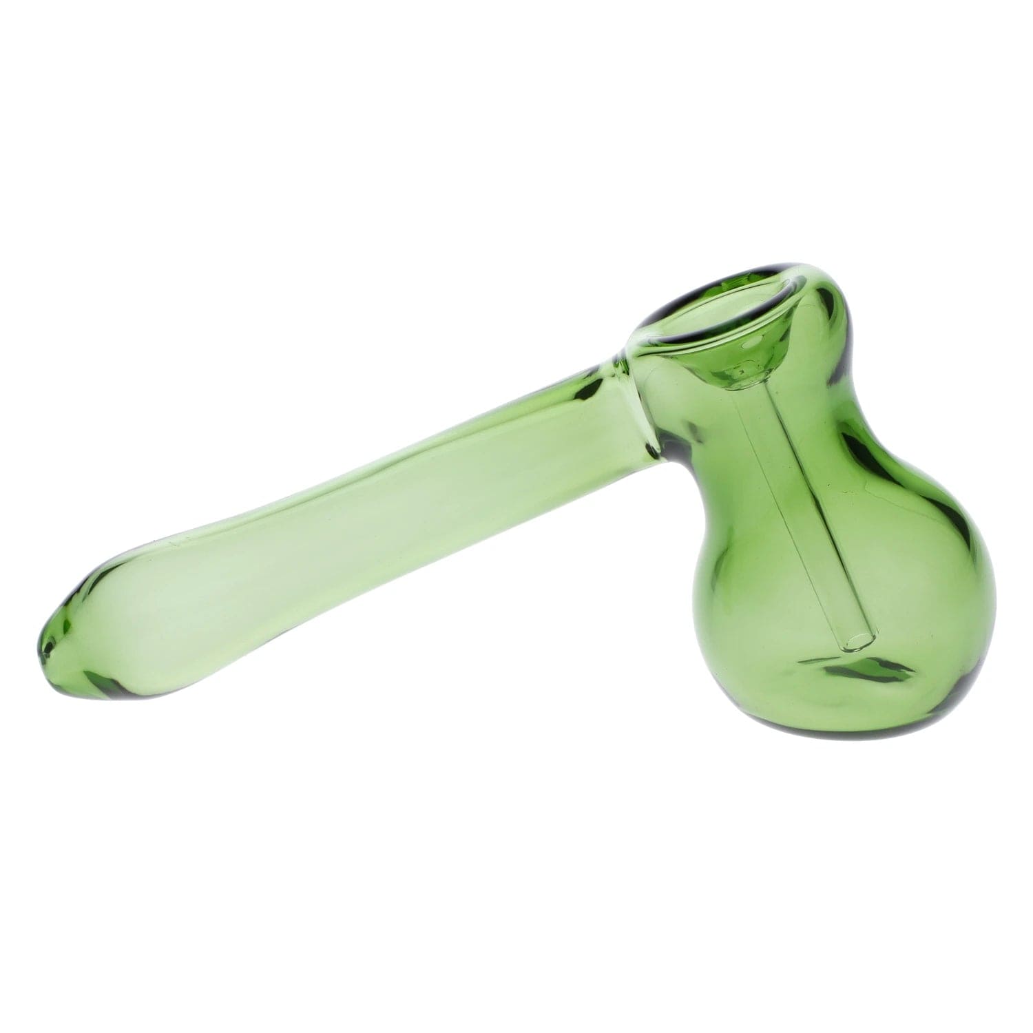A side view of the 5-inch Valiant Hammer Bubbler in green glass, showcasing its curved design.