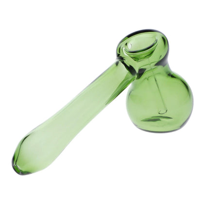 A slightly angled view of the 5-inch green Valiant Hammer Bubbler, showcasing its smooth glass construction.