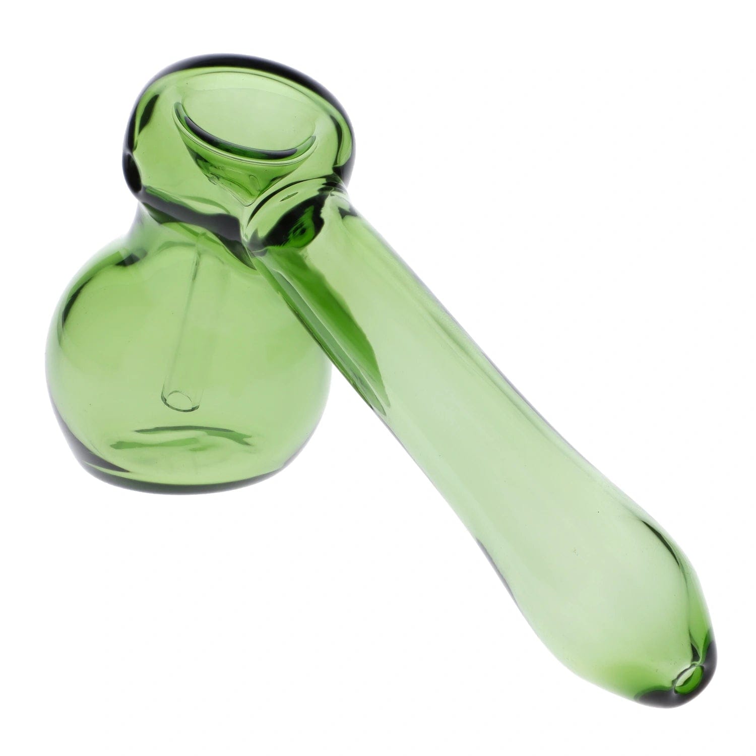 A side view of the 5-inch Valiant Hammer Bubbler in green glass, showcasing its curved design.
