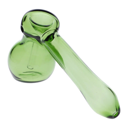 A side view of the 5-inch Valiant Hammer Bubbler in green glass, showcasing its curved design.
