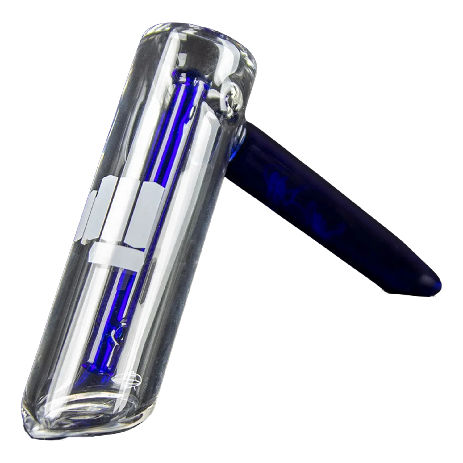 Angled close-up of the Snoop Dogg Pounds-Friendship Handpipe-Dark Blue showing its clear glass chamber with a central dark blue inner tube and matching blue handle.
