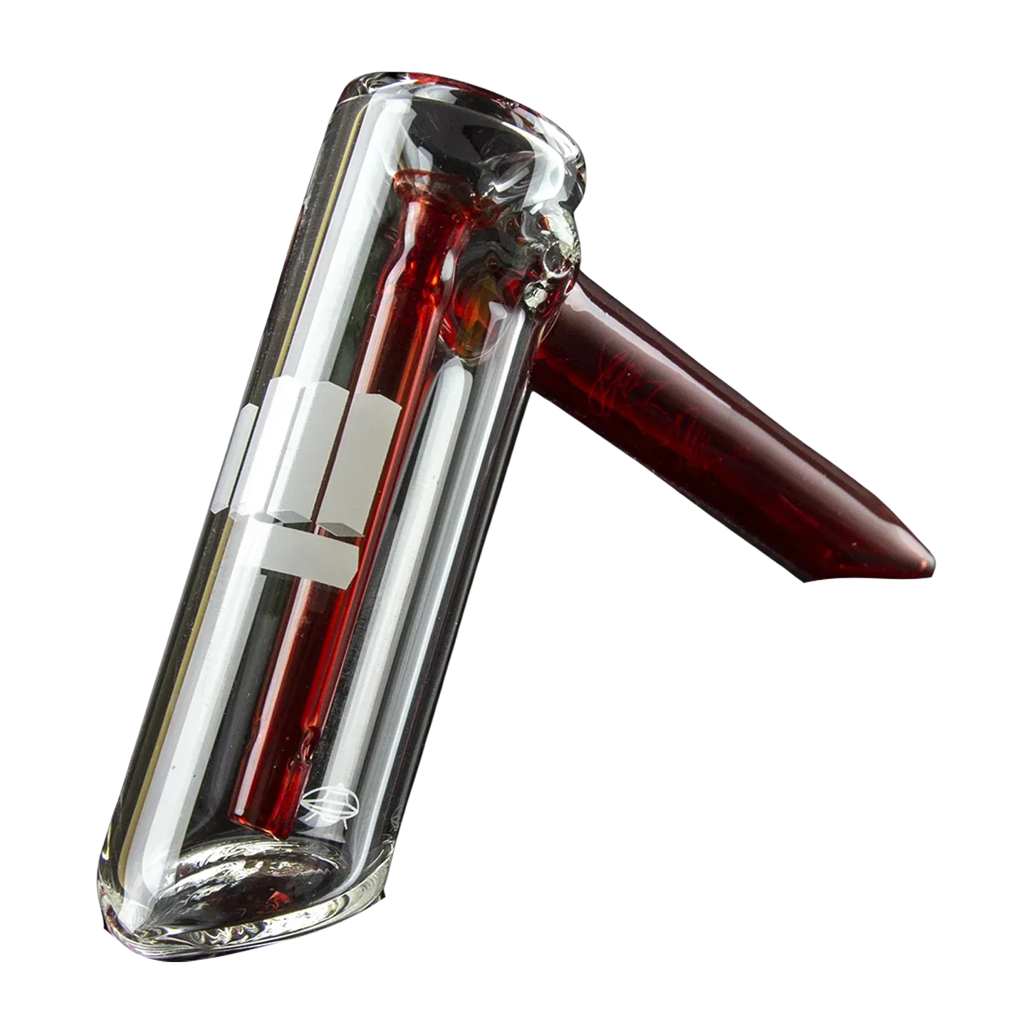 Angled close-up of the red Snoop Dogg Pounds-Lightship Bubbler-Red showcasing its clear glass chamber and red internal stem against a dark background