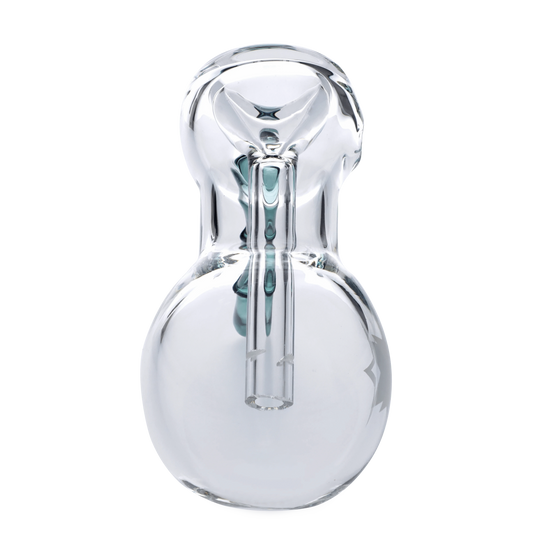 A side view of the 6-inch Famous X Bulb Hammer Bubbler in teal glass, showcasing its curved shape and clear construction.