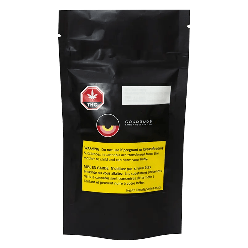 Close-up of the BC Organic Mango Cake Pre Rolled 7 x 0.5 g packaging, a black and red label with a circular design.