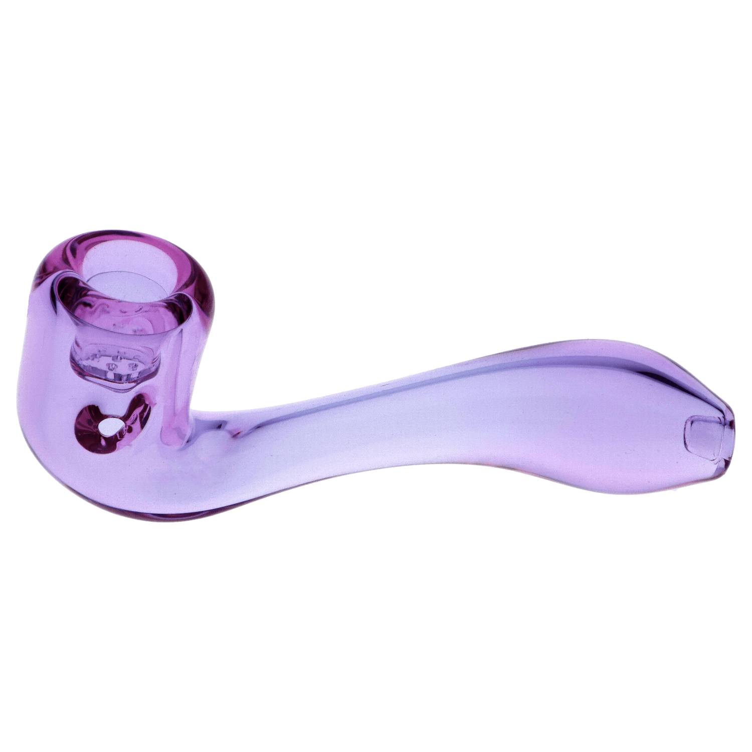 A close-up, angled view of the 4-inch purple Valiant Glass Sherlock pipe with a visible screen, showcasing its curved design.
