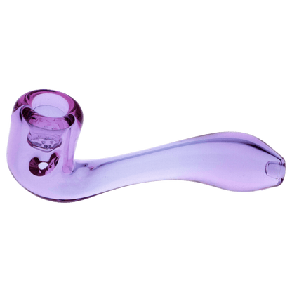 A close-up, angled view of the 4-inch purple Valiant Glass Sherlock pipe with a visible screen, showcasing its curved design.