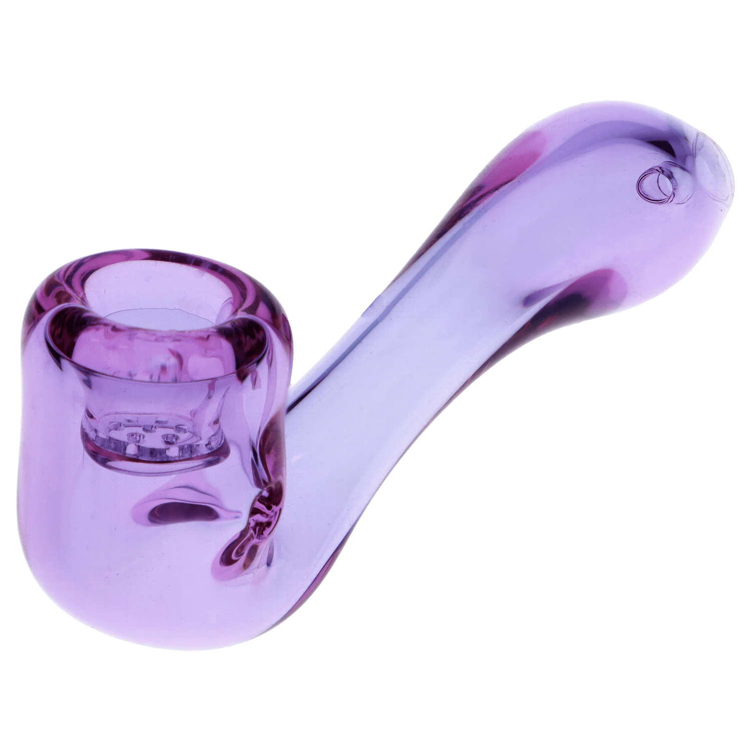 Front view of the 4-inch Valiant Glass Sherlock pipe in purple, featuring a screen and a curved design.