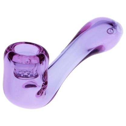Front view of the 4-inch Valiant Glass Sherlock pipe in purple, featuring a screen and a curved design.