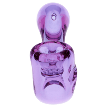 Front view of the 4-inch Valiant Glass Sherlock pipe in purple, featuring a screen and curved design.