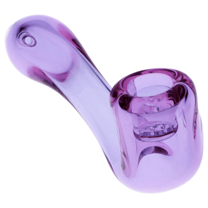 A close-up view of the 4-inch Valiant Glass Sherlock with screen, showcasing the purple glass pipe's curved form.