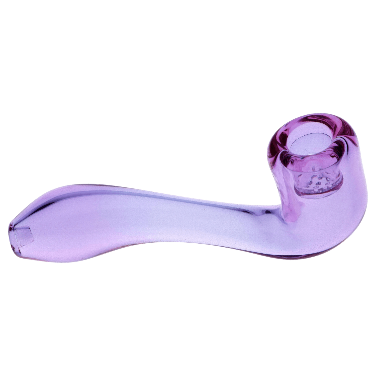 A side view of the 4-inch Valiant Glass Sherlock with a screen, showing the purple glass pipe’s curved design.