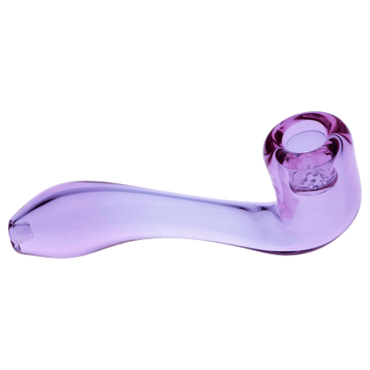 A side view of the 4-inch Valiant Glass Sherlock with a screen, showing the purple glass pipe’s curved design.