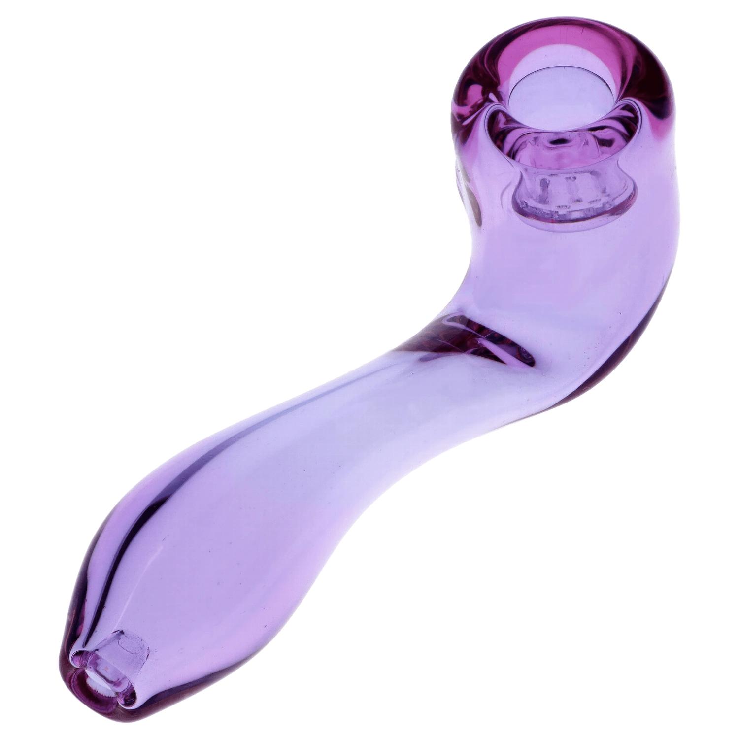Front view of the 4-inch Valiant Glass Sherlock pipe in purple, showcasing its curved design and visible screen.
