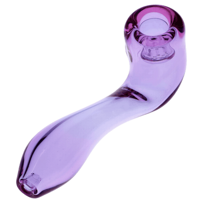 Front view of the 4-inch Valiant Glass Sherlock pipe in purple, showcasing its curved design and visible screen.