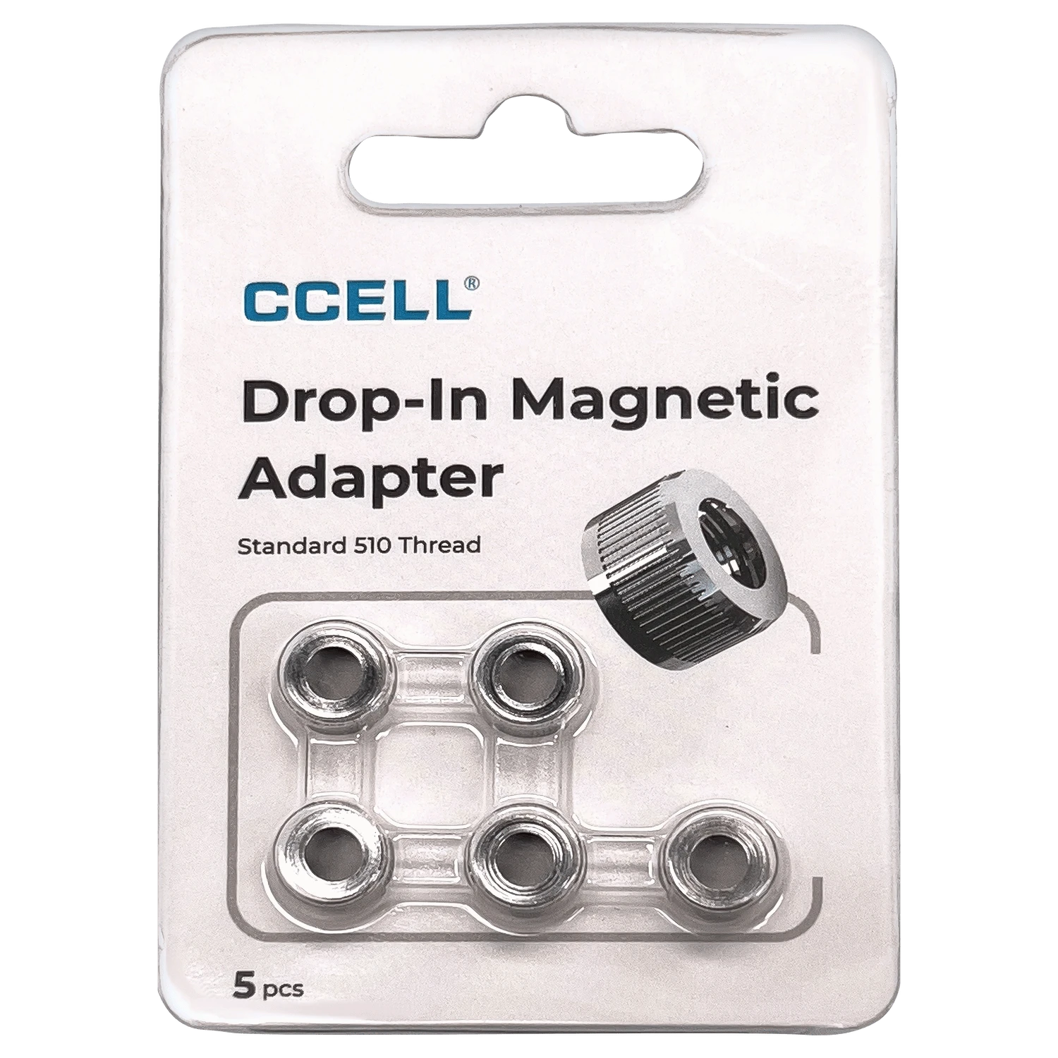 Top-down view of CCELL Magnetic Adapter – 5/pack retail blister card showing five silver magnetic adapters in clear plastic with printed logo and product name.