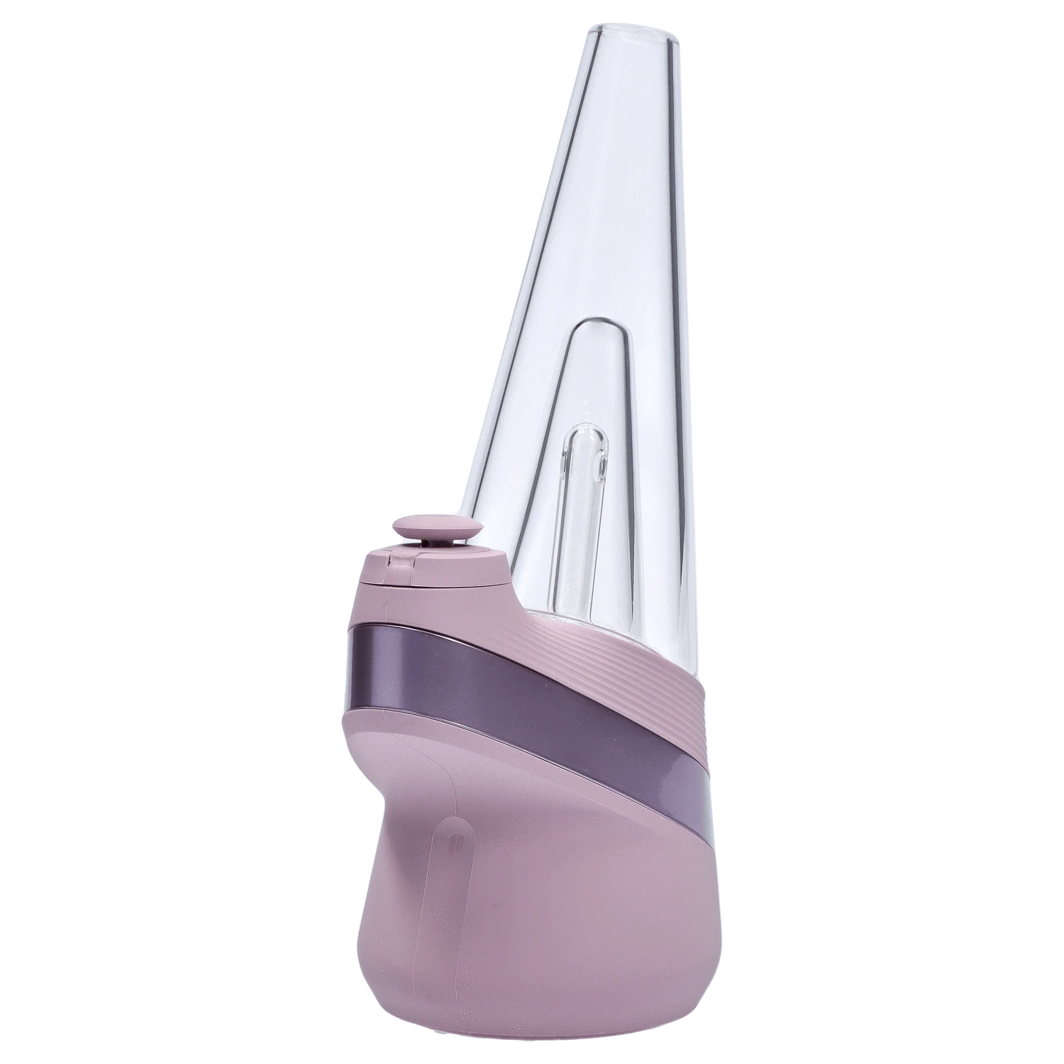 Angled close-up of the mauve Puffco New Peak - Glückseligkeit showing its tall clear glass cone and curved handheld base.