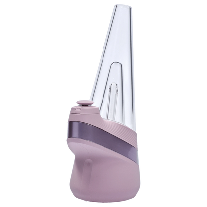 Angled close-up of the mauve Puffco New Peak - Glückseligkeit showing its tall clear glass cone and curved handheld base.