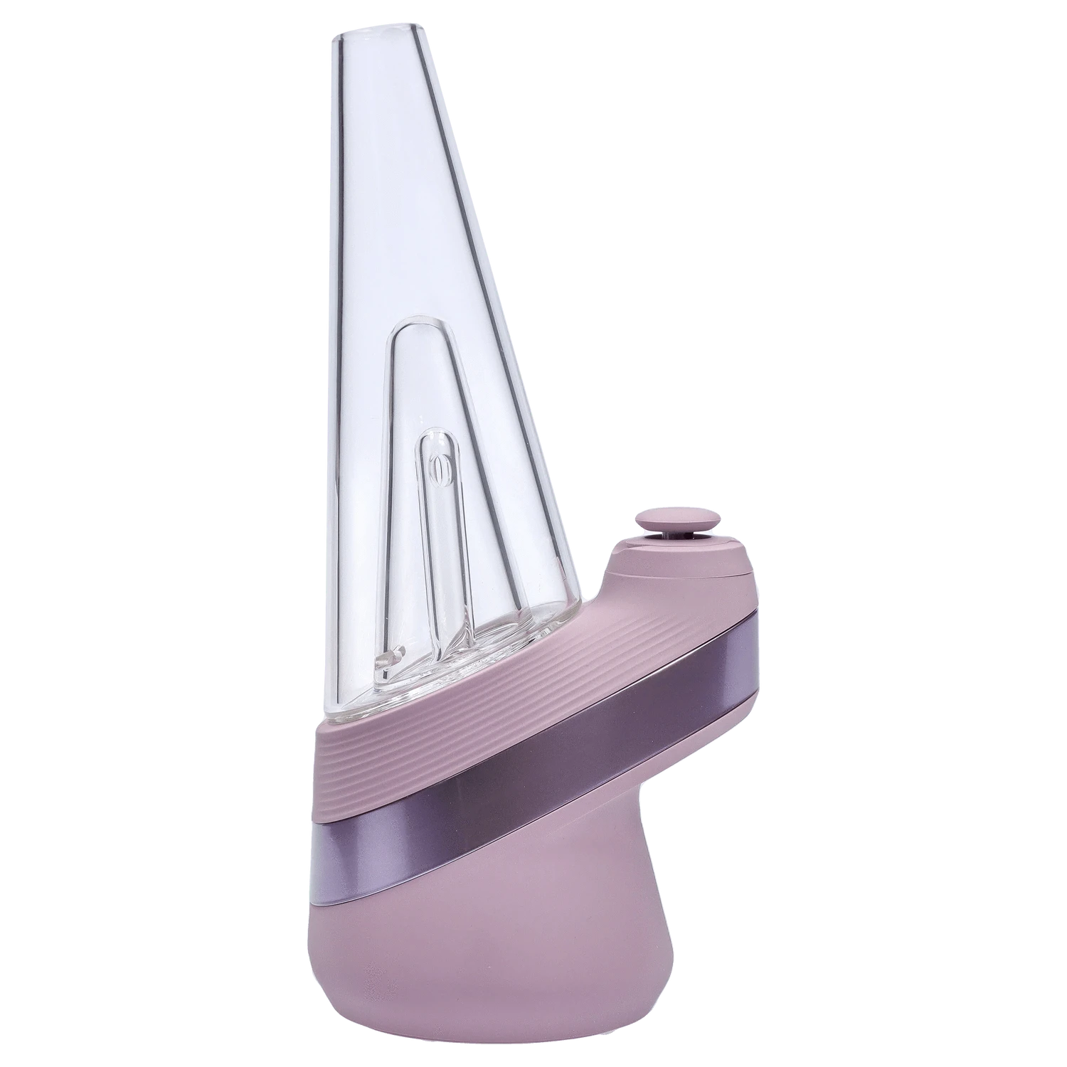 Angled close-up of the mauve Puffco New Peak - Glückseligkeit showing its tall clear glass cone and ribbed base with a single raised button.