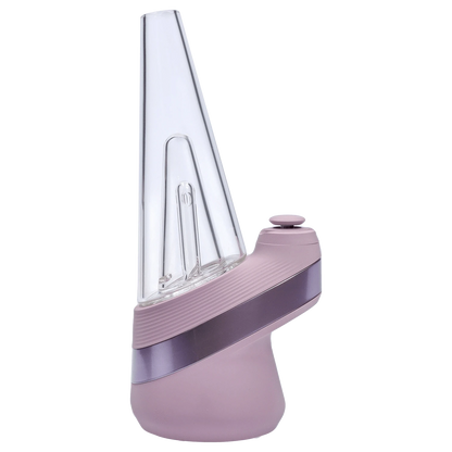 Angled close-up of the mauve Puffco New Peak - Glückseligkeit showing its tall clear glass cone and ribbed base with a single raised button.