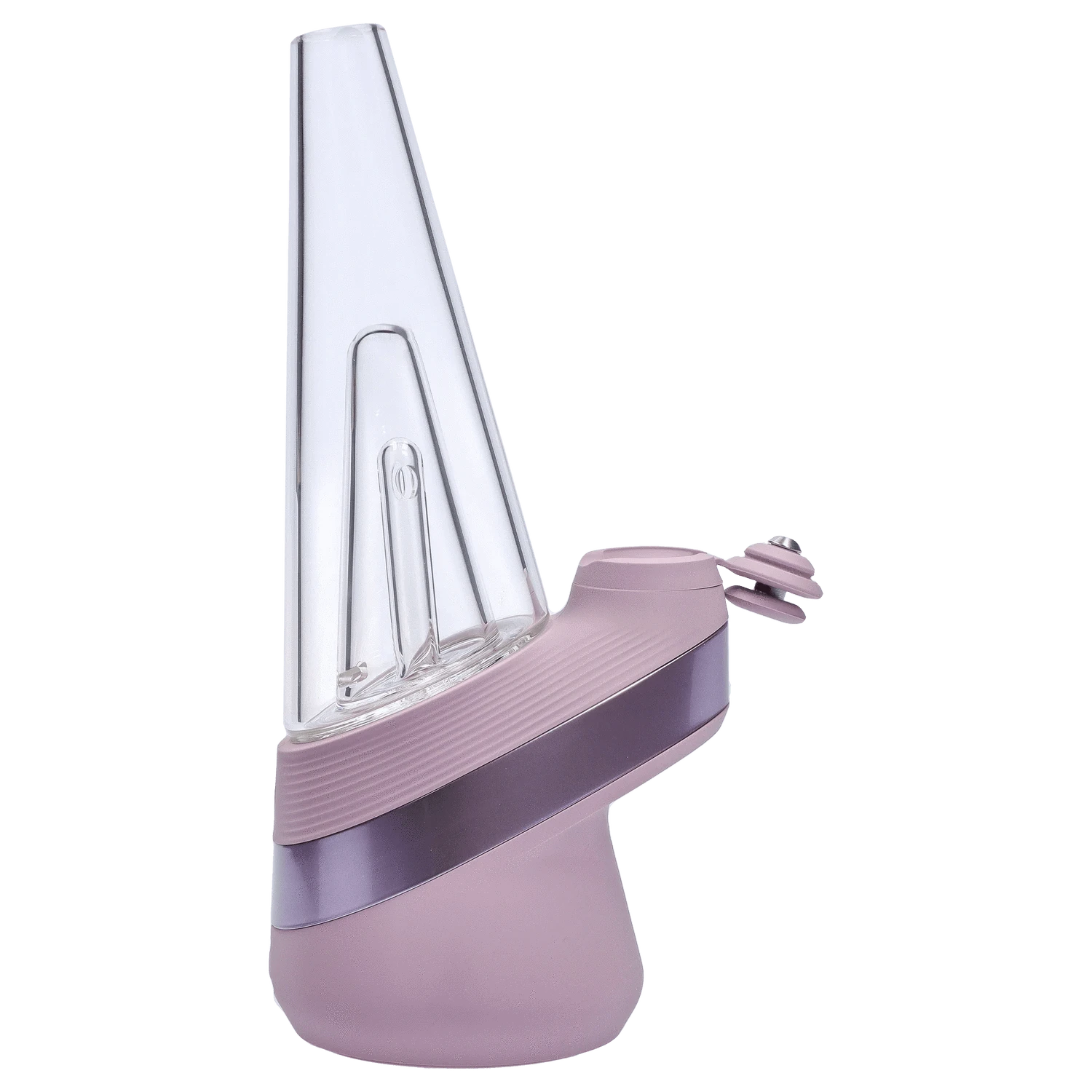 Angled close-up of the pink Puffco New Peak - Glückseligkeit showing its tall clear glass cone and textured base.