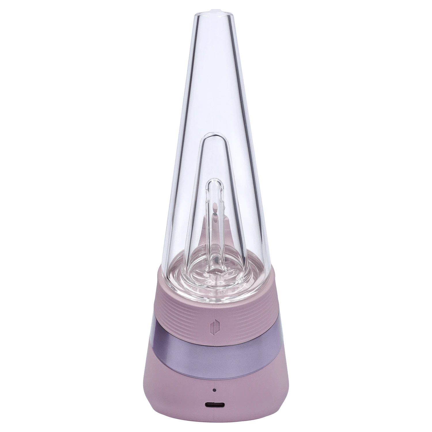 Top-down view of the Puffco New Peak - Glückseligkeit showing its clear conical glass top and mauve base details.