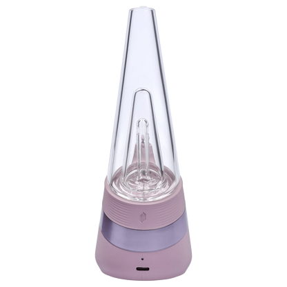 Top-down view of the Puffco New Peak - Glückseligkeit showing its clear conical glass top and mauve base details.