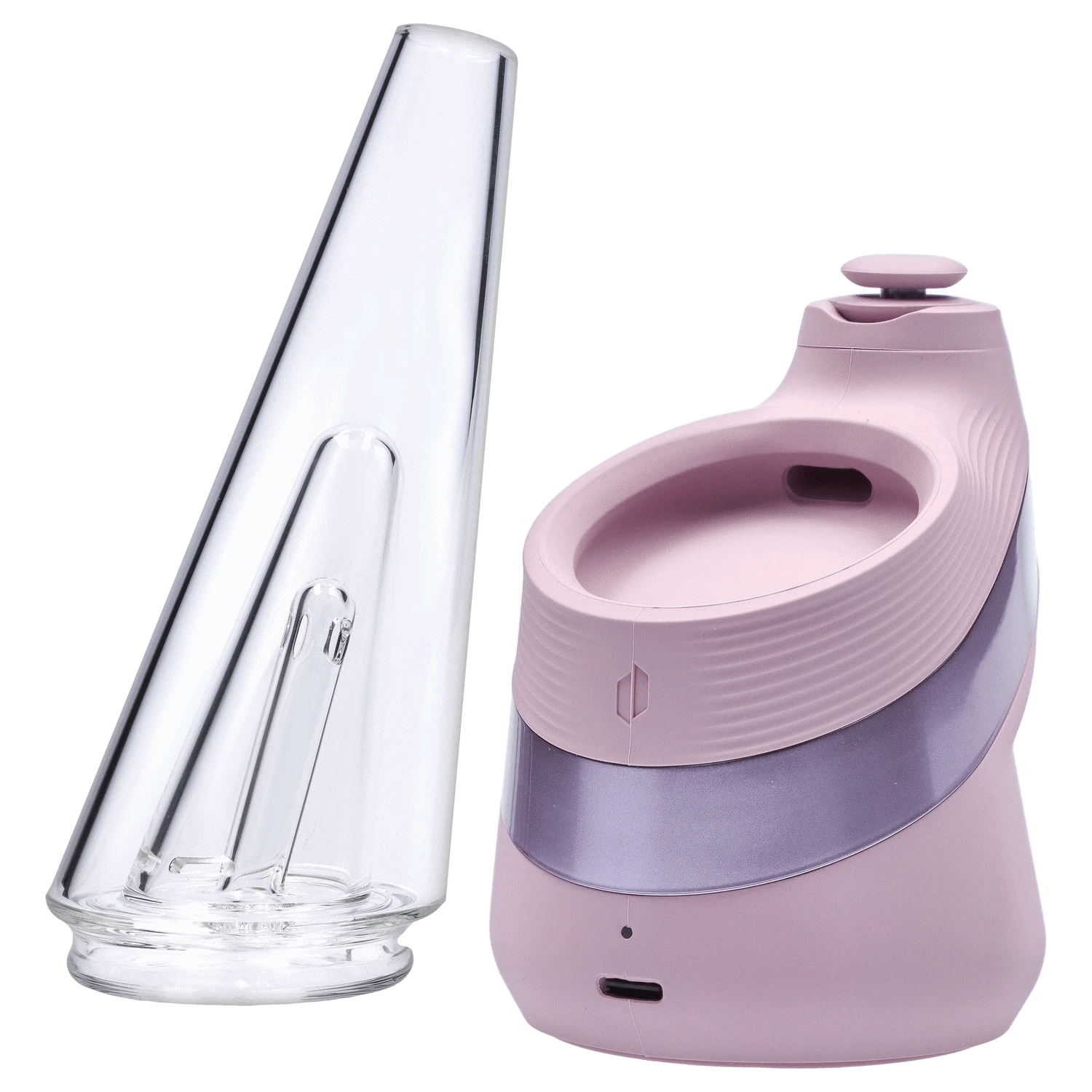 Close-up front view of the pink Puffco New Peak - Glückseligkeit base and its tall clear glass cone displayed side by side.