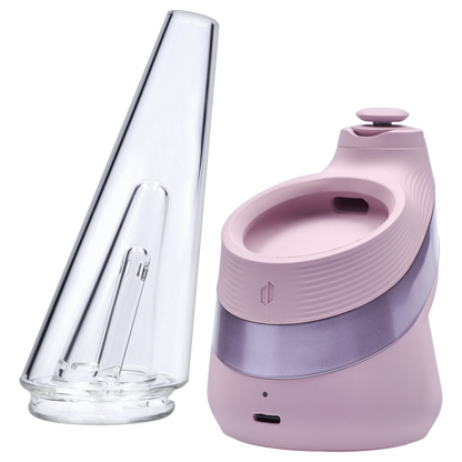 Close-up front view of the pink Puffco New Peak - Glückseligkeit base and its tall clear glass cone displayed side by side.