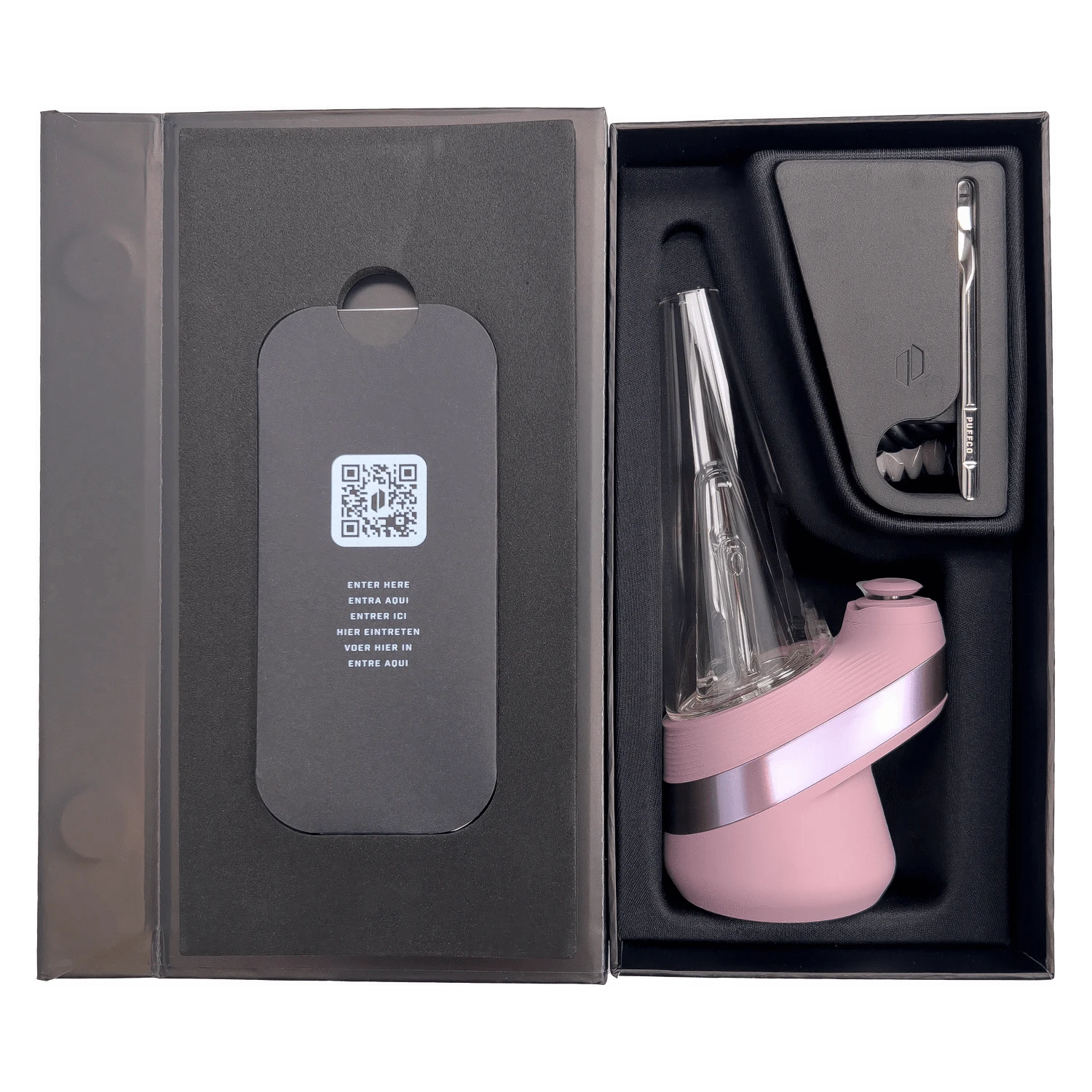 Top-down view of the boxed Puffco New Peak - Glückseligkeit in pink showing the angled glass mouthpiece, molded foam tray, and included metal tool.