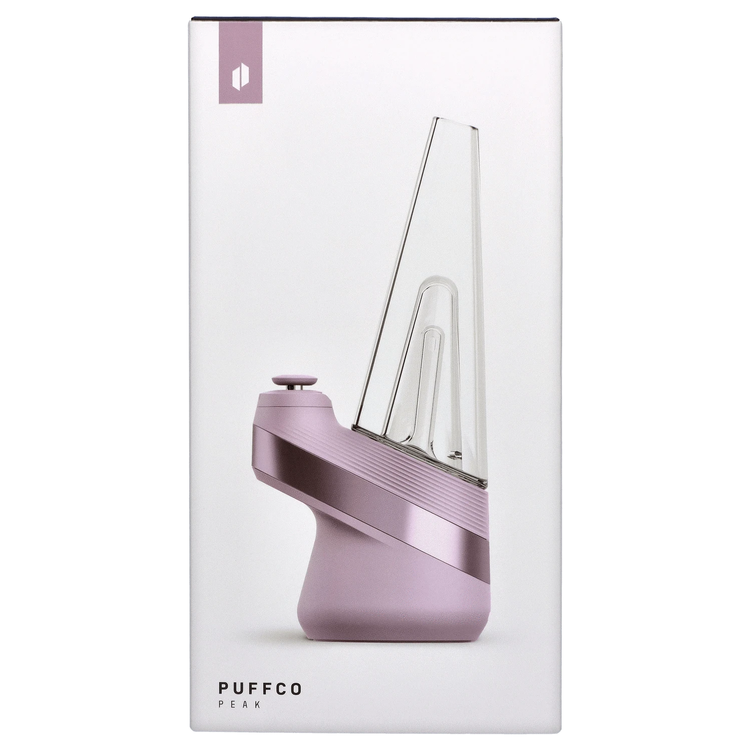 Side profile close-up of the lilac Puffco New Peak - Glückseligkeit against a clean white background showing its angled glass attachment and ridged metallic base.